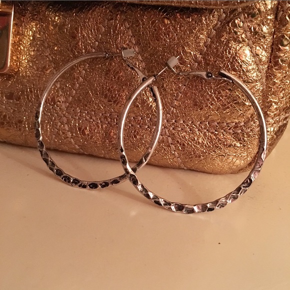 Jewelry - Distressed Metal Faux Silver Medium Hoop Earrings